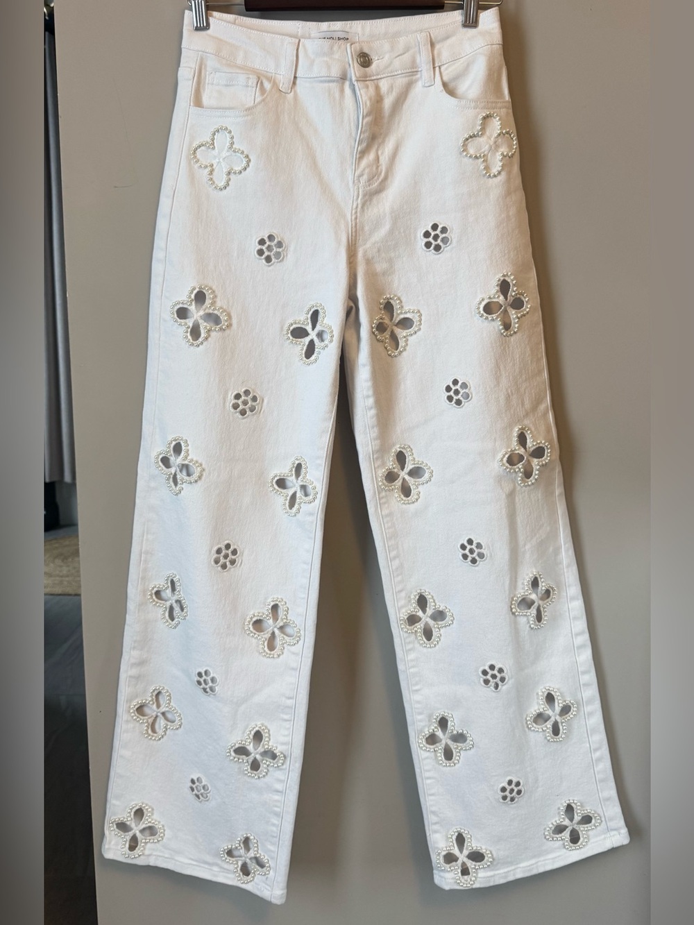 Noli White Eyelet Embroidered Wide-Leg Jeans